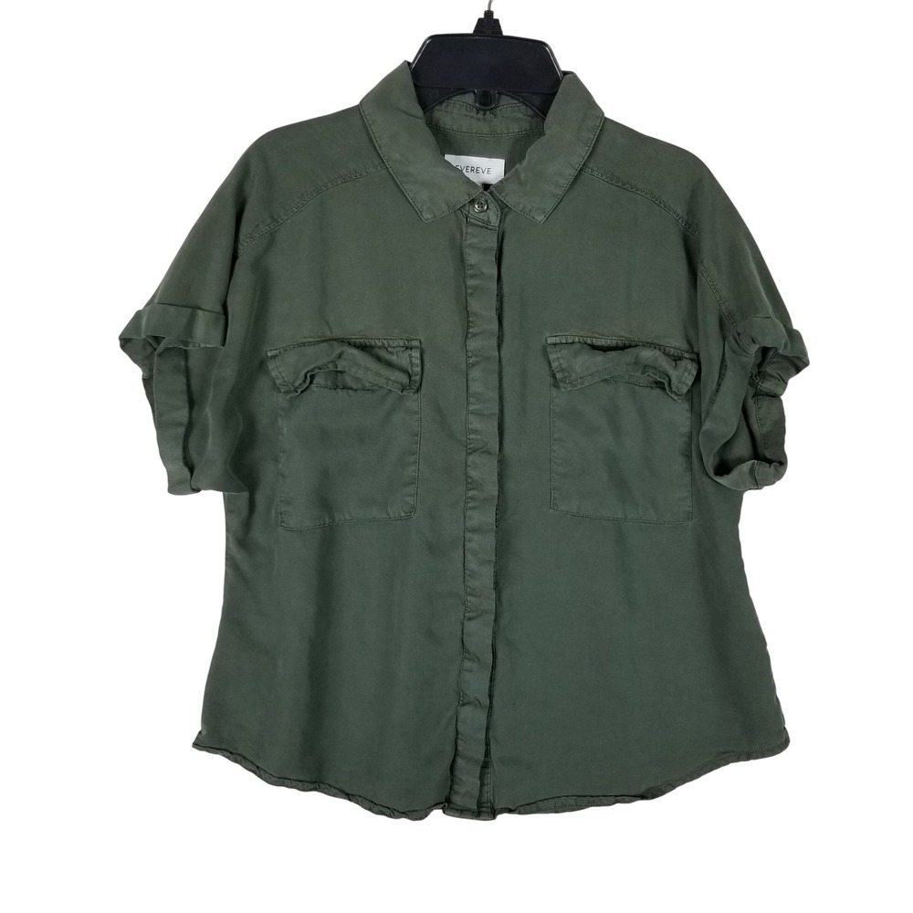 Evereve Button Down Shirt Womens Size S Olive Green Lyocell Utility Short Sleeve